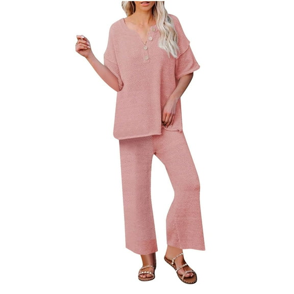 Waffle Knit Lounge 2 Piece Outfits for Women Summer Fall Casual Button V Neck Top and Wide Leg Flare Pant Sets (S, Pink)