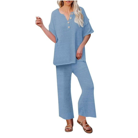 Waffle Knit Lounge 2 Piece Outfits for Women Summer Fall Casual Button V Neck Top and Wide Leg Flare Pant Sets (XL, Blue)