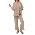 thumbnail image 1 of Waffle Knit Lounge 2 Piece Outfits for Women Summer Fall Casual Button V Neck Top and Wide Leg Flare Pant Sets (XL, Khaki), 1 of 7