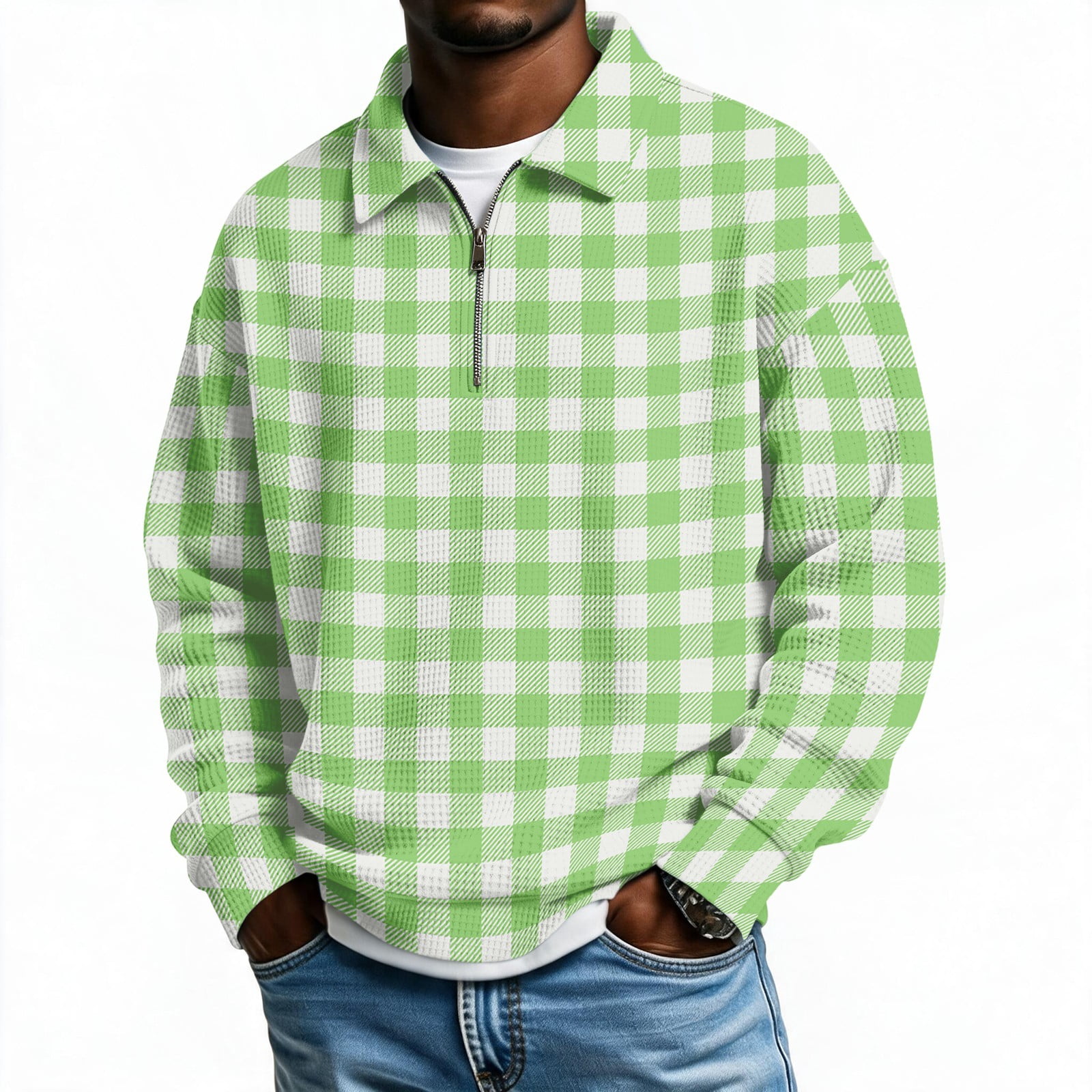 Waffle Knit Plaid Polo shirt for Men Long Sleeve Casual Pullover Soft ...