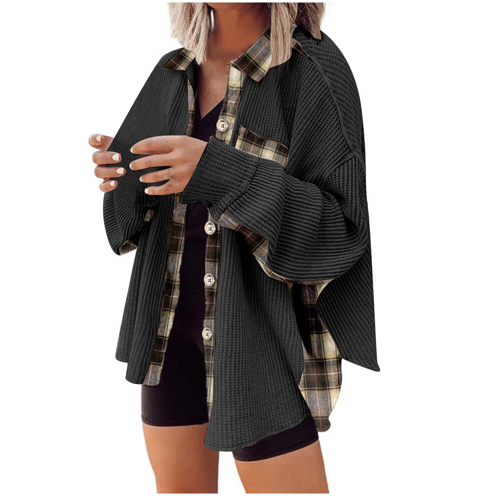 Waffle Knit Plaid Shacket Women,2023 Womens Waffle Knit Plaid Shacket