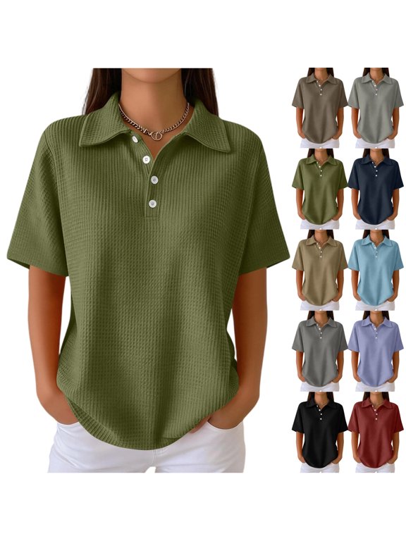 Waffle Knit Polo Shirt for Women Collared Short Sleeve Button Placket Soft Breathable Comfortable Casual Shirts for Work, #01 Army Green, XXL