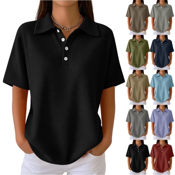 Waffle Knit Polo Shirt for Women Collared Short Sleeve Button Placket Soft Breathable Comfortable Casual Shirts for Work, #01 Black, L