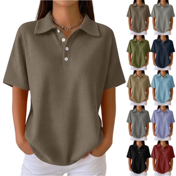 Waffle Knit Polo Shirt for Women Collared Short Sleeve Button Placket Soft Breathable Comfortable Casual Shirts for Work, #01 Brown, 3XL