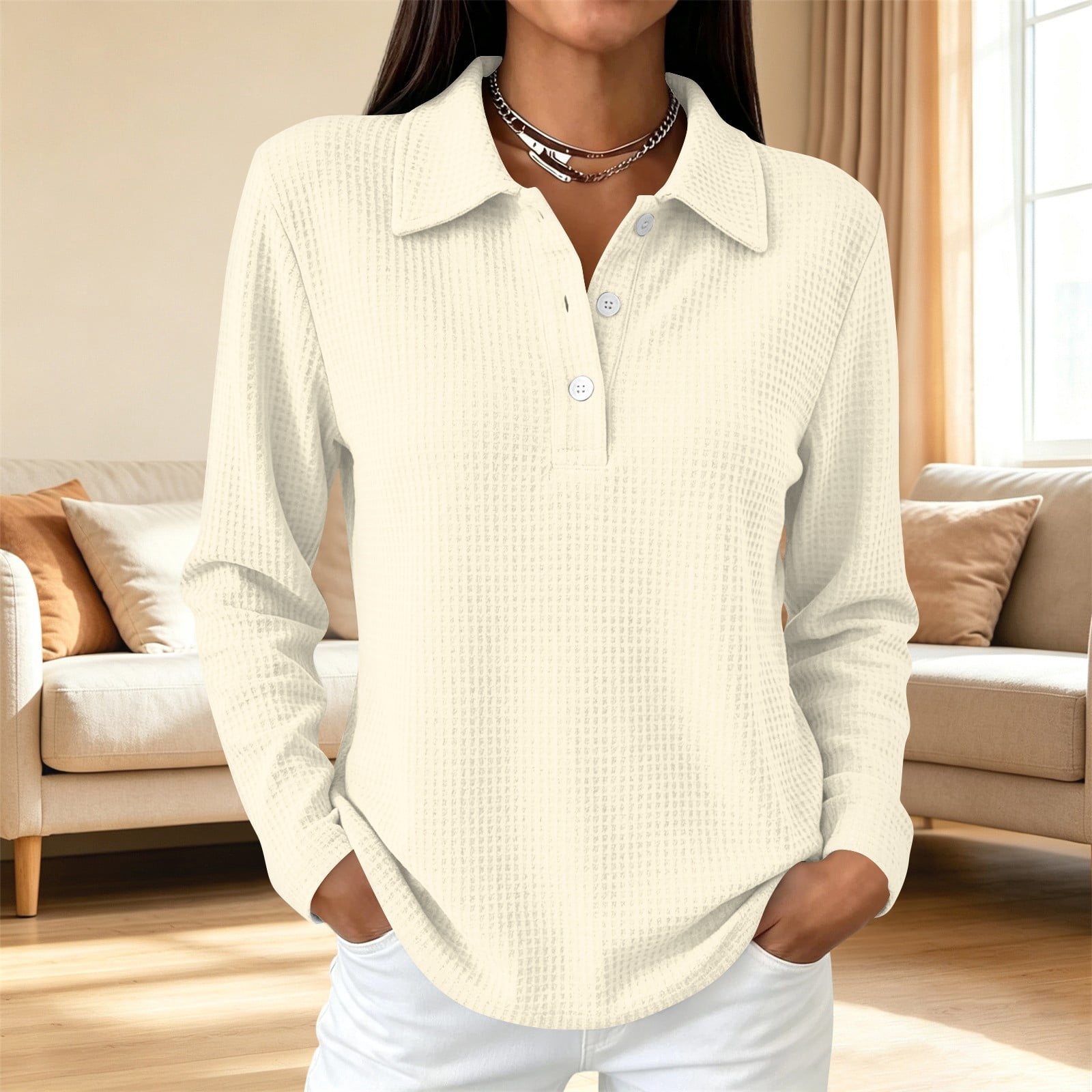 Waffle Knit Polo Shirt for Women Long Sleeve Solid Color Collared ...