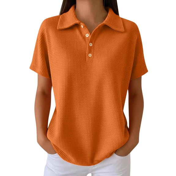 Waffle Knit Polo Shirts Short Sleeve Shirts Oversized Casual Loose Half Button Placket V Neck Collared Tops Basic Tee Blouse Summer Trendy Plus Size Pullover Tennis Golf Shirt Orange 4Xl