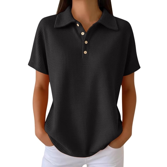 Waffle Knit Polo Shirts Short Sleeve Shirts Oversized Casual Loose Half Button Placket V Neck Collared Tops Basic Tee Blouse Summer Trendy Plus Size Pullover Tennis Golf Shirt Black L