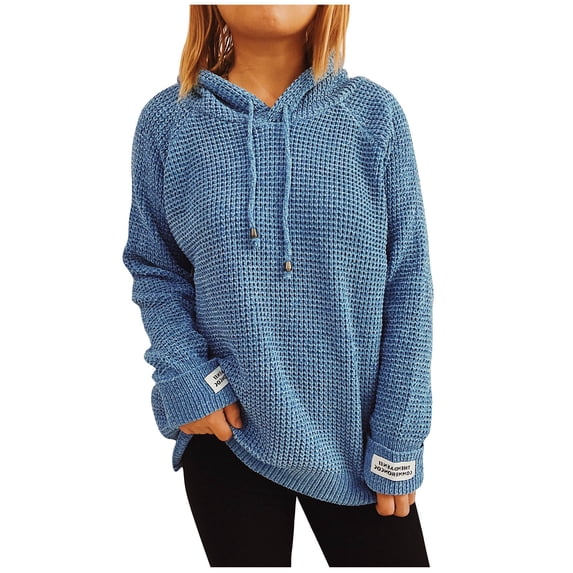 Waffle Knit Pullover Hooded Sweatshirts for Women Trendy Drawstring Plain Hoodie Warm Casual Long Sleeve Sweater Top (Small, Blue)
