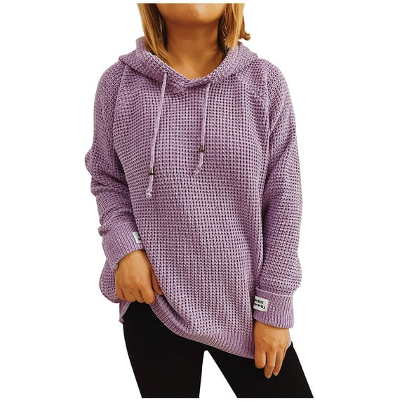 Waffle Knit Pullover Hooded Sweatshirts for Women Trendy Drawstring Plain Hoodie Warm Casual Long Sleeve Sweater Top (Small, Purple)