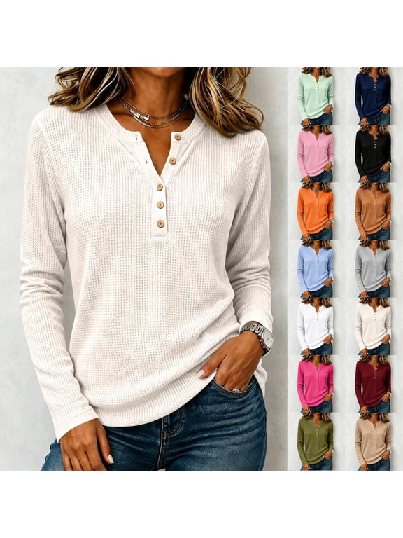 Waffle Knit Pullover Women Long Sleeve Henley Neck Button Detail Textured Knit Top Loose Fit Casual Fall Shirt