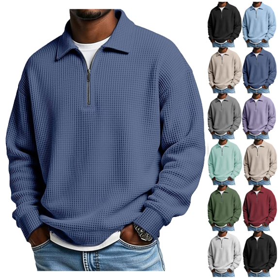 Waffle Knit Quarter Zip Pullover Men Polo Shirt Long Sleeve Collared Shirts Big and Tall Golf Pullover Sweatshirts