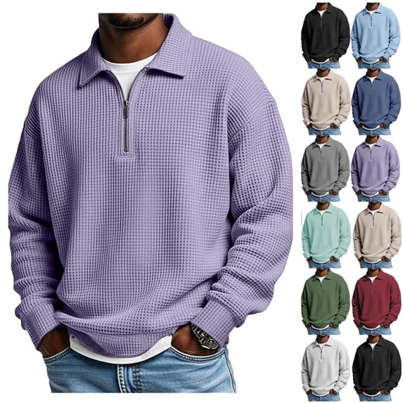 Waffle Knit Quarter Zip Pullover Men Polo Shirt Long Sleeve Collared Shirts Big and Tall Golf Pullover Sweatshirts