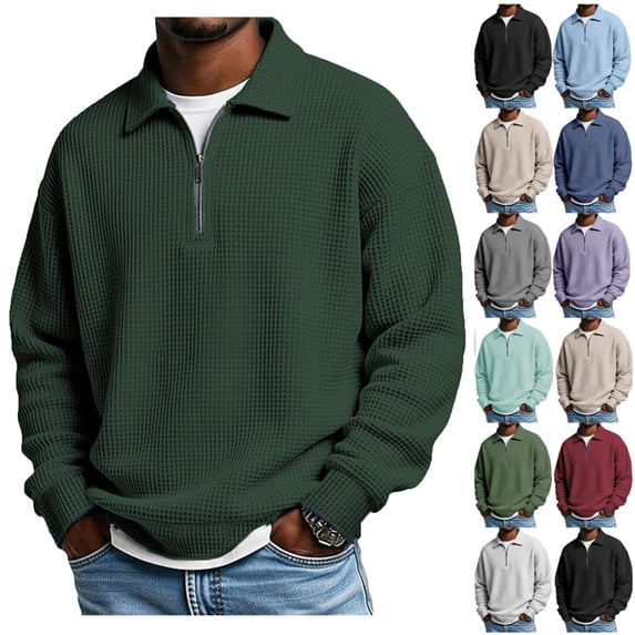Waffle Knit Quarter Zip Pullover Men Polo Shirt Long Sleeve Collared Shirts Big and Tall Golf Pullover Sweatshirts