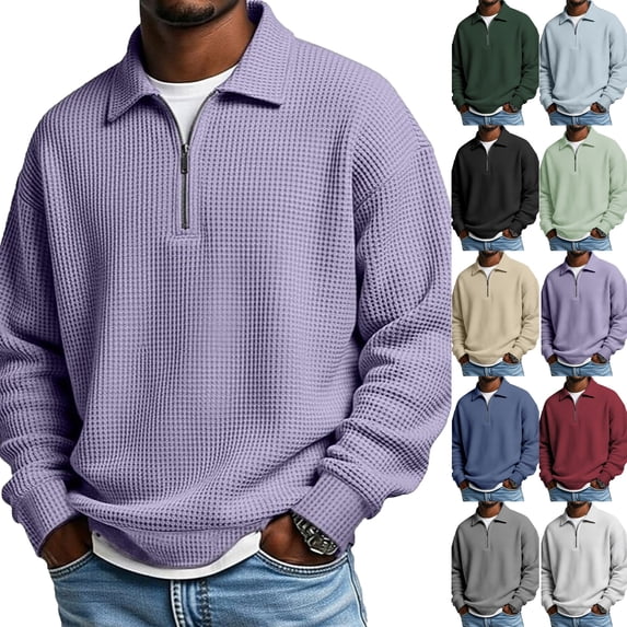 Waffle Knit Quarter Zip Pullover Men Polo Shirts Long Sleeve Collared Golf Shirts Big and Tall Pullover Sweatshirts Purple 2XL
