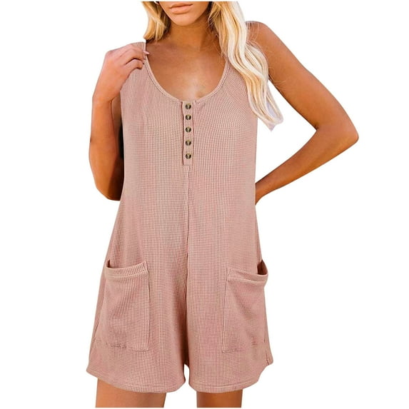 Waffle Knit Rompers for Women Sleeveless Button One Piece Tank Jumpsuit with Pockets Casual Solid Short Jumpsuits
