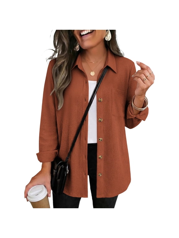Waffle Knit Shacket Women Button Down Collared Loose Fit Long Sleeve Dressy Casual Solid Color Fall Shirts Blouse Tops