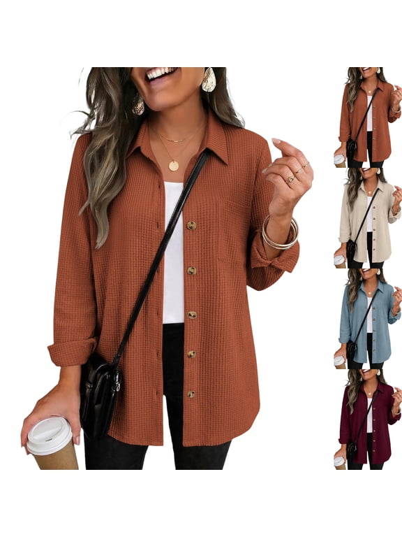 Waffle Knit Shacket for Women Long Sleeve Button Down Shirts | Collared Shirts, Business Casual Work Tops, Shirt Jackets, Ladies Blouses, Chest Pocket, Lightweight, Fall Clothes Ginger S