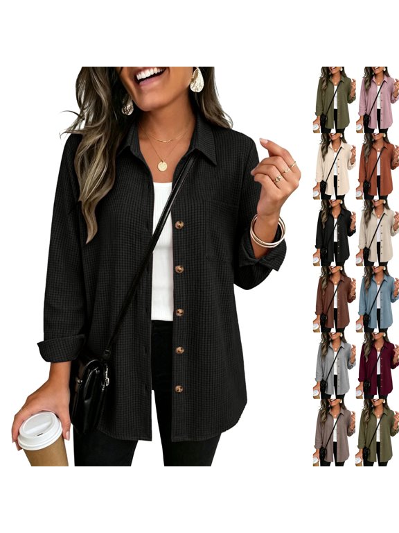 Waffle Knit Shacket for Women Long Sleeve Collared Button Down Shirts,Business Casual Work Tops, Shirt Jackets, Ladies Blouses, Chest Pocket, Lightweight, Outerwear, Fall Clothes Black,S