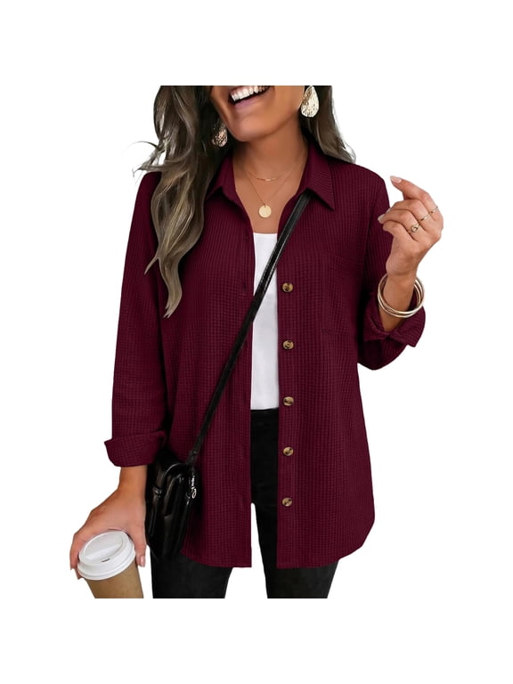 Waffle Knit Shacket for Women 2026 Long Sleeve Button Down Shirts Collared Business Casual Fall Tops with Chest Pocket