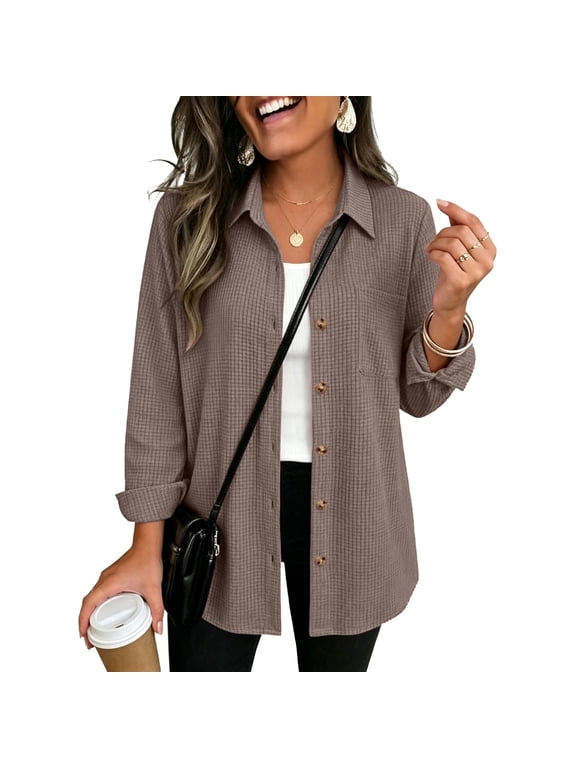 Waffle Knit Shacket for Women 2026 Long Sleeve Button Down Shirts Collared Business Casual Fall Tops with Chest Pocket