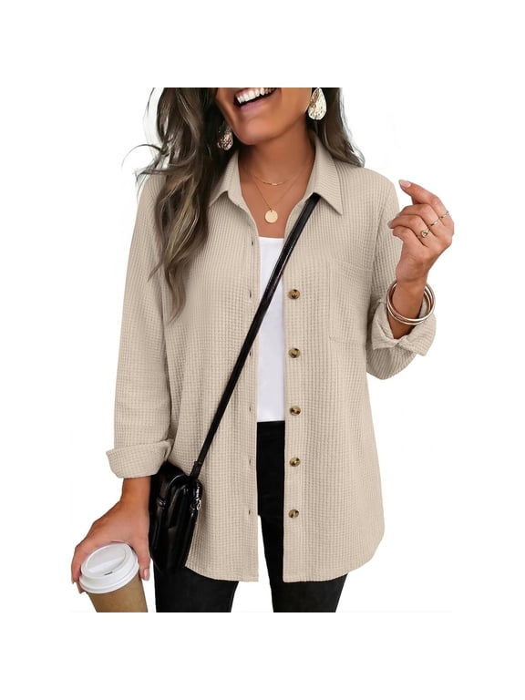 Waffle Knit Shacket for Women Button Down Collared Loose Fit Long Sleeve Trendy Dressy Solid Color Fall Blouse Shirt Tops