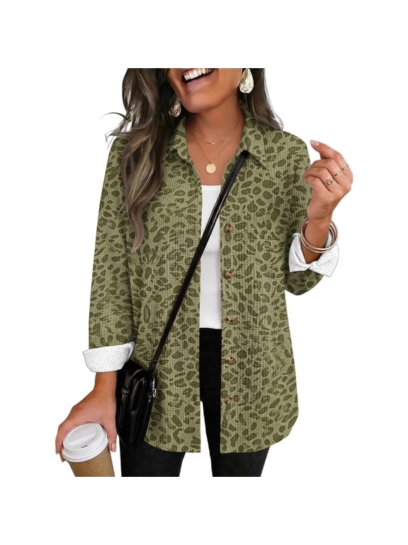 Waffle Knit Shackets for Women 2026 Long Sleeve Leopard Print Button Down Lightweight Shirt Jacket, L