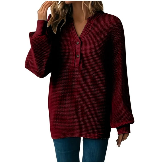Waffle Knit Shirts Women's Tops Long Sleeve V Neck Loose Pullover Tees Dressy Casual Ladies Blouses, Wine 2XL