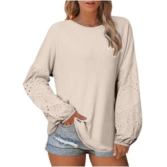 Waffle Knit Shirts Womens Casual Loose Pullover Tops Long Lantern Sleeve Tunic Crewneck Tee Blouses