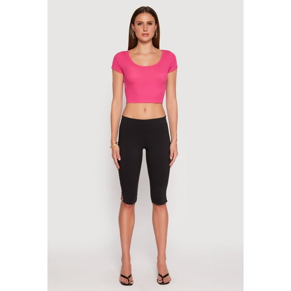 Womens Waffle Knit Short Sleeve Crop Top