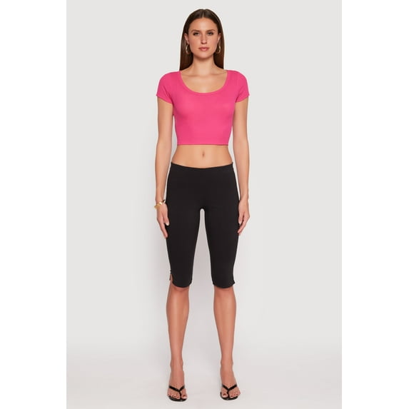 Womens Waffle Knit Short Sleeve Crop Top