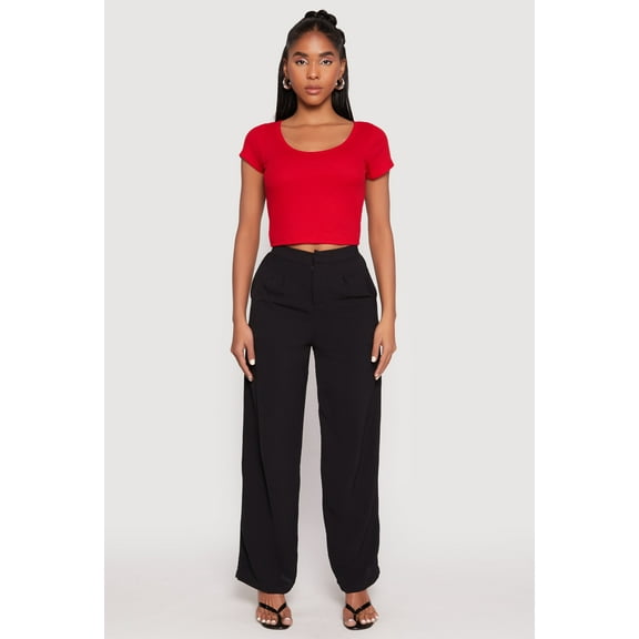 Womens Waffle Knit Short Sleeve Crop Top