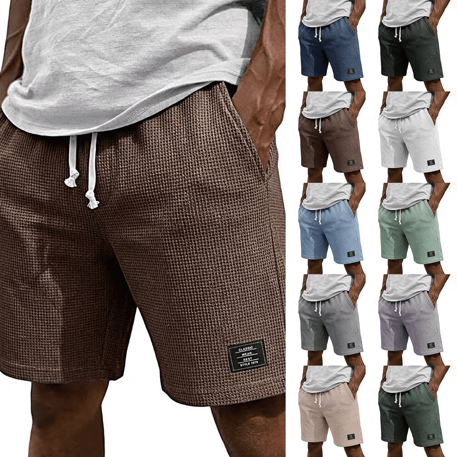 Waffle Knit Shorts for Mens Elastic Waist Breathable Textured