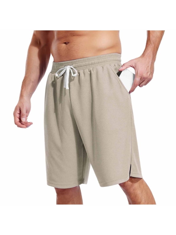 Waffle Knit Split Hem Athletic Shorts For Summer, Elastic Drawstring High Waist Side Pocket Loose Fit Performance Pants For Gym Workout And Fitness Training