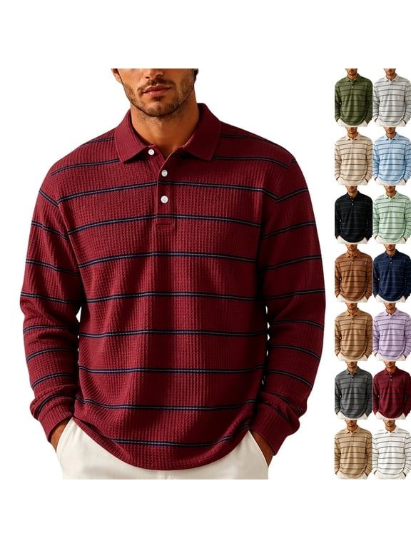 Waffle Knit Stripe Polo Shirt for Men Casual Long Sleeve Quarter Button Pullover Top with Chest Pocket Fall Daily Work Wear,XL,Wine