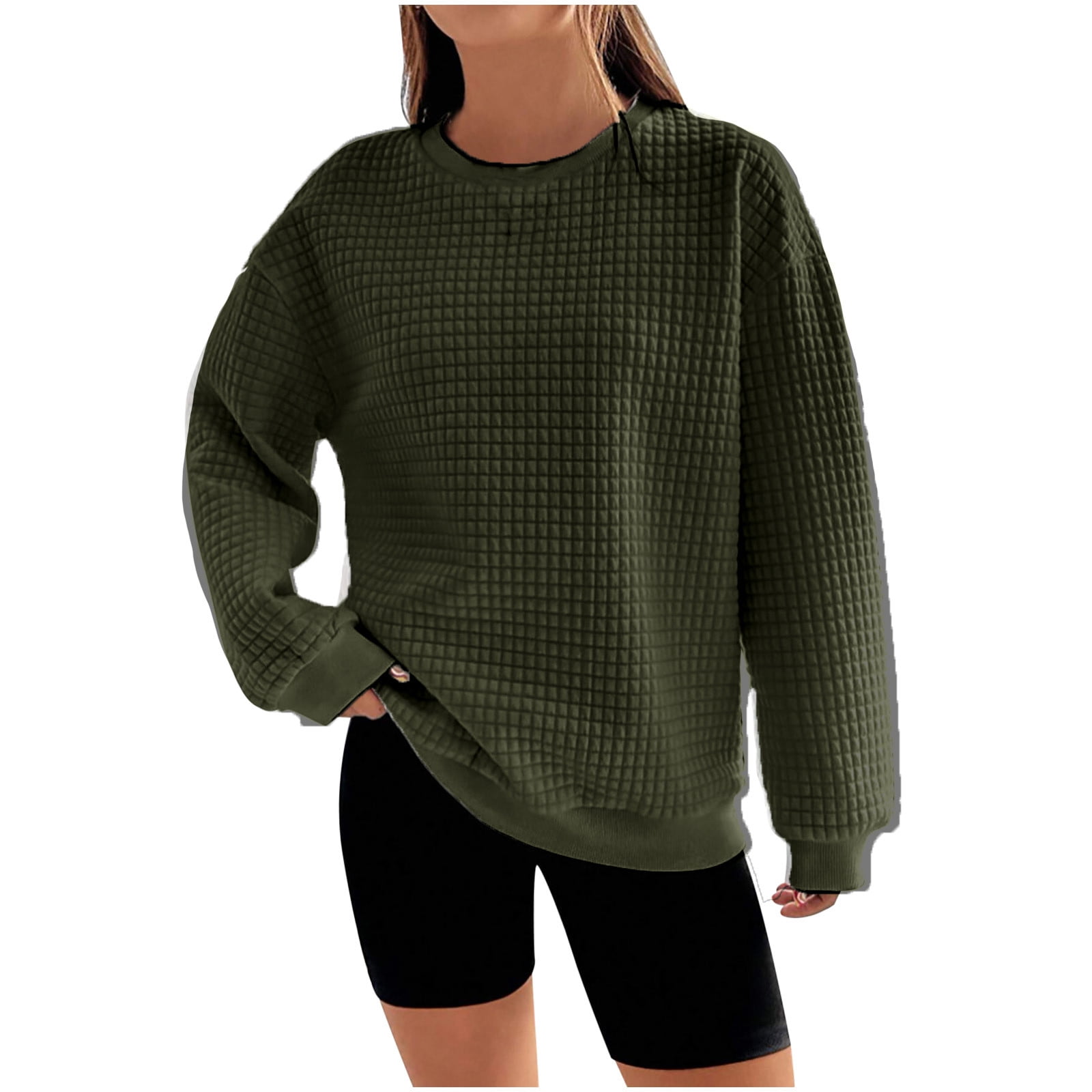 Waffle Knit Sweater Top Womens Fashion Crew Neck Sweatshirt Loose