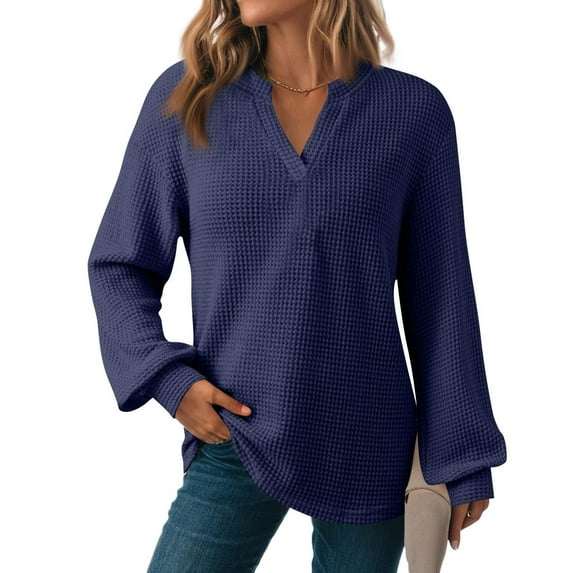 Waffle Knit Sweaters for Women Long Puff Sleeve V Neck Loose Casual Pullovers Fall Fashion Solid Color Oversized Tops