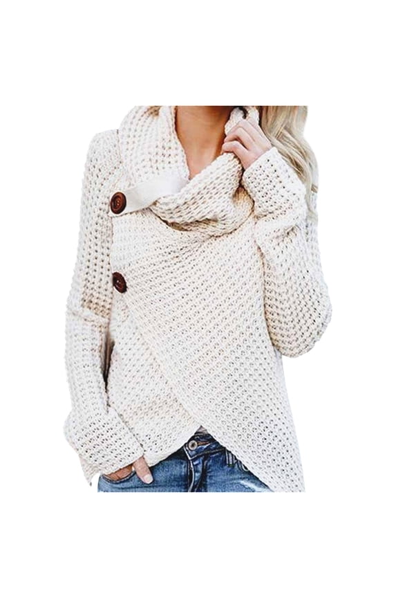 Waffle Knit Sweaters for Women Solid Color Loose Turtleneck Sweater Top Button Deco Wrap Front Sweatshirt