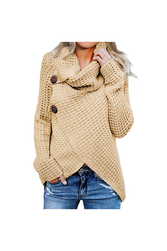 Waffle Knit Sweaters for Women Solid Color Loose Turtleneck Sweater Top Button Deco Wrap Front Sweatshirt