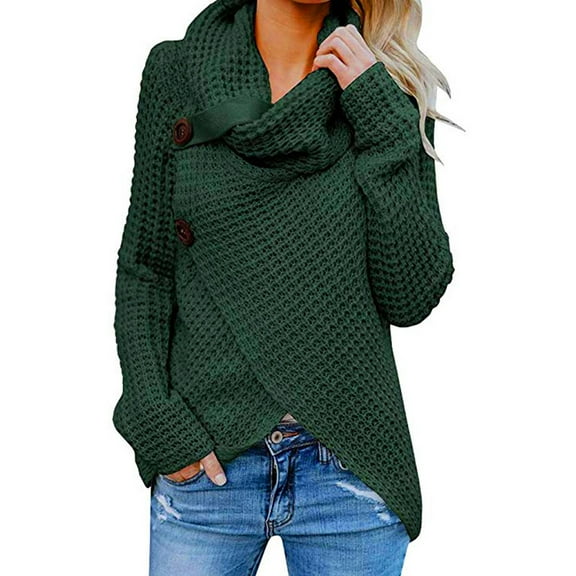Waffle Knit Sweaters for Women Solid Color Loose Turtleneck Sweater Top Button Deco Wrap Front Sweatshirt