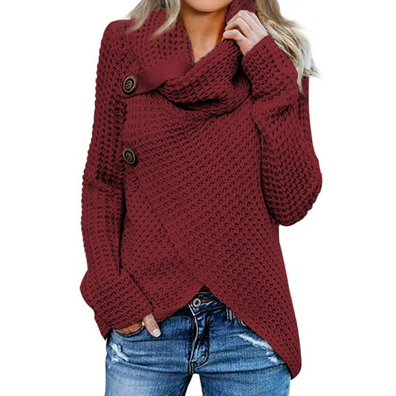 Waffle Knit Sweaters for Women Solid Color Loose Turtleneck Sweater Top Button Deco Wrap Front Sweatshirt