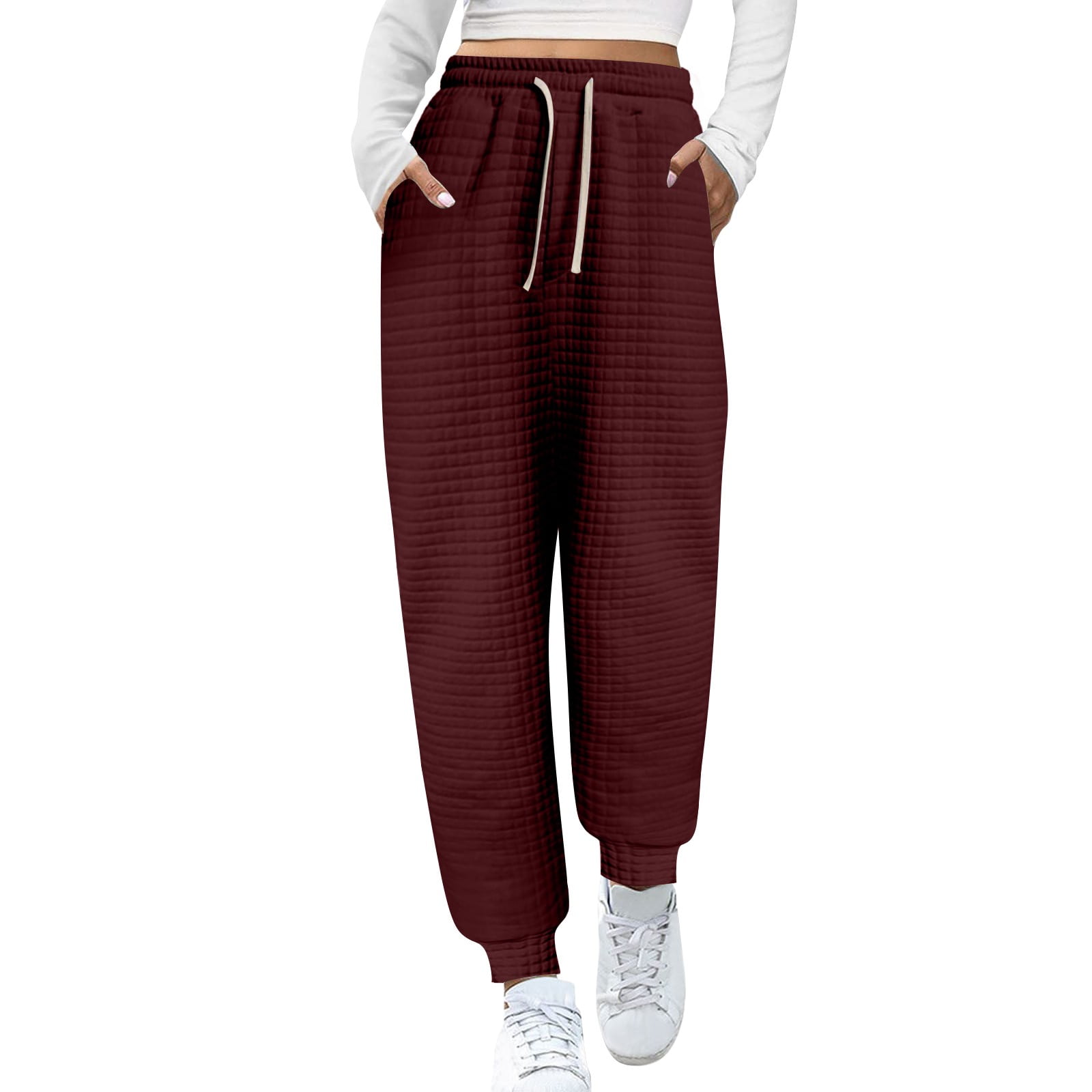 Waffle Knit Sweatpants for Women Elastic Waist Drawstring Loose
