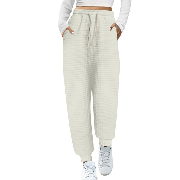 Waffle Knit Sweatpants for Women Elastic Waist Drawstring Loose Cinched  Bottom Jogging Sweat Pants with Pockets (Large, White) 