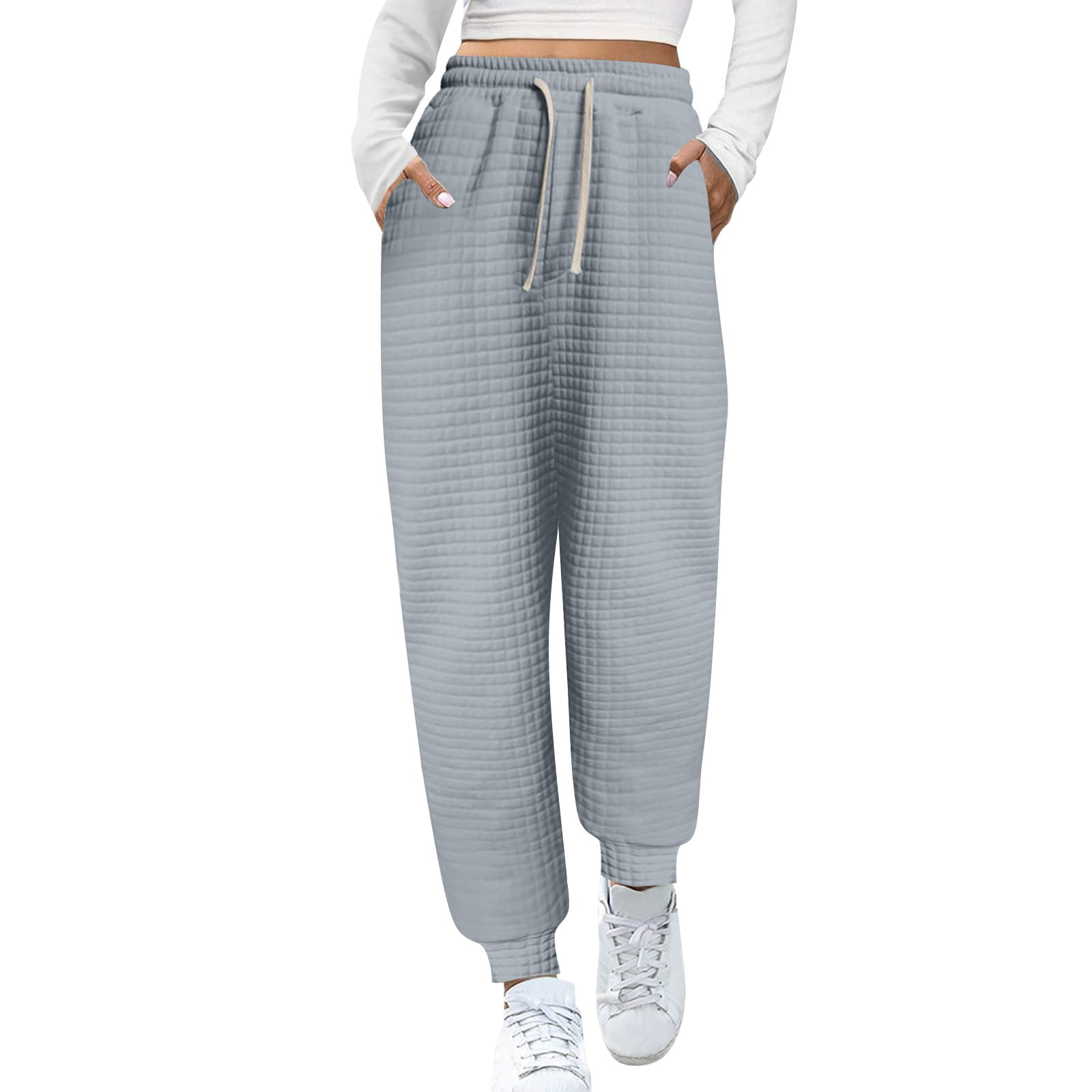 Waffle Knit Sweatpants for Women Elastic Waist Drawstring Loose Cinched  Bottom Jogging Sweat Pants with Pockets (Medium, Gray)