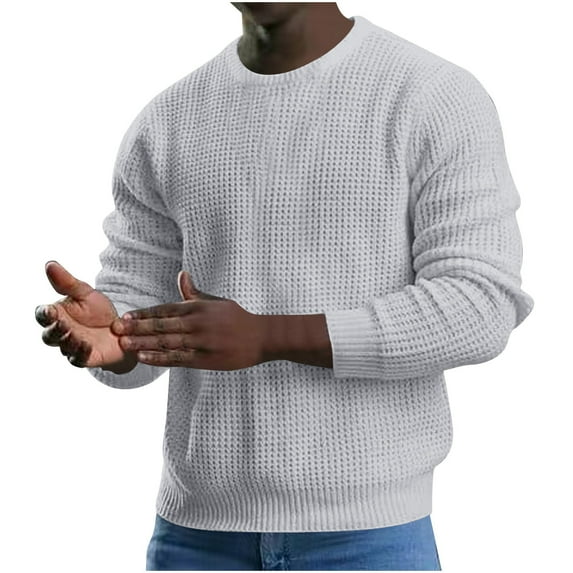 Waffle Knit Sweatshirt for Men Basic Solid Color Crew Neck Casual Long Sleeve Pullover Loose Outwear Tops