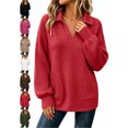 thumbnail image 1 of Waffle Knit Sweatshirt for Women Oversized Lapel V-Neck Long Sleeve Pullover with Pockets Loose Casual Fall Winter Top, 1 of 9