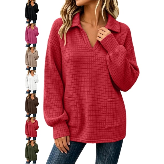 Waffle Knit Sweatshirt for Women Oversized Lapel V-Neck Long Sleeve Pullover with Pockets Loose Casual Fall Winter Top