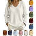 thumbnail image 1 of Waffle Knit Sweatshirt for Women Solid Color Long Sleeve V Neck Loose Fit Pullover Tops for Fall Winter, 1 of 8