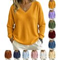 thumbnail image 1 of Waffle Knit Sweatshirt for Women Solid Color Long Sleeve V Neck Loose Fit Pullover Tops for Fall Winter, 1 of 8