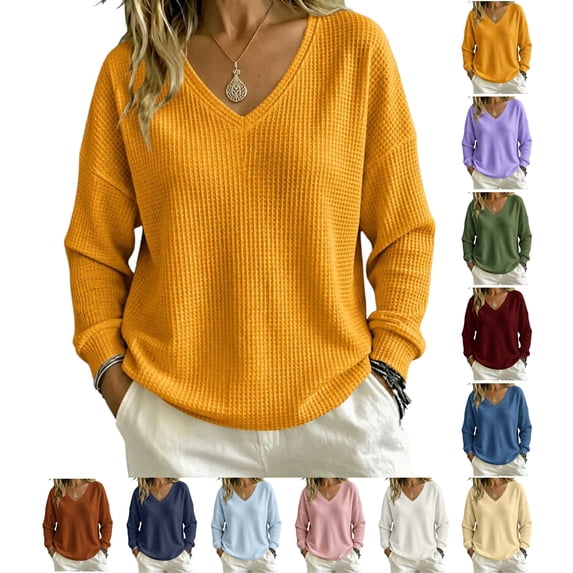 Waffle Knit Sweatshirt for Women Solid Color Long Sleeve V Neck Loose Fit Pullover Tops for Fall Winter