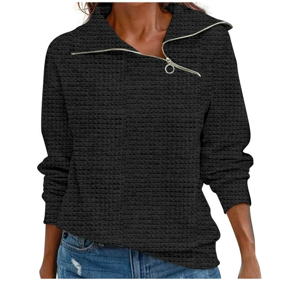 Waffle Knit Sweatshirts Lapel Collar Quarter Zip Pullover for Women Long Sleeve Loose Fit Casual Fall Winter Tops (Small, Black)